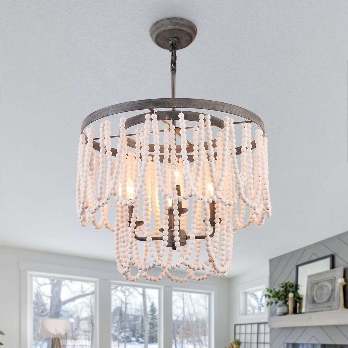 Chichoice Wood Beaded Chandelier Coastal Pendant Light Modern Farmhouse for Living Room, Bedroom, Dining Room, Kitchen