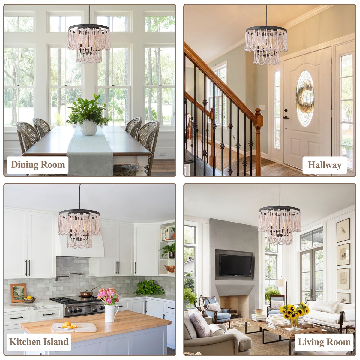Chichoice Wood Beaded Chandelier Coastal Pendant Light Modern Farmhouse for Living Room, Bedroom, Dining Room, Kitchen