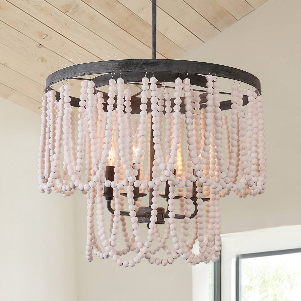 Chichoice Wood Beaded Chandelier Coastal Pendant Light Modern Farmhouse for Living Room, Bedroom, Dining Room, Kitchen