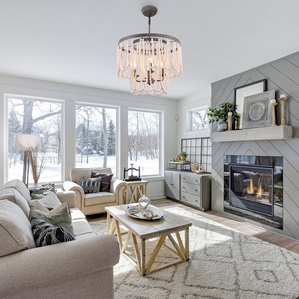 Chichoice Wood Beaded Chandelier Coastal Pendant Light Modern Farmhouse for Living Room, Bedroom, Dining Room, Kitchen