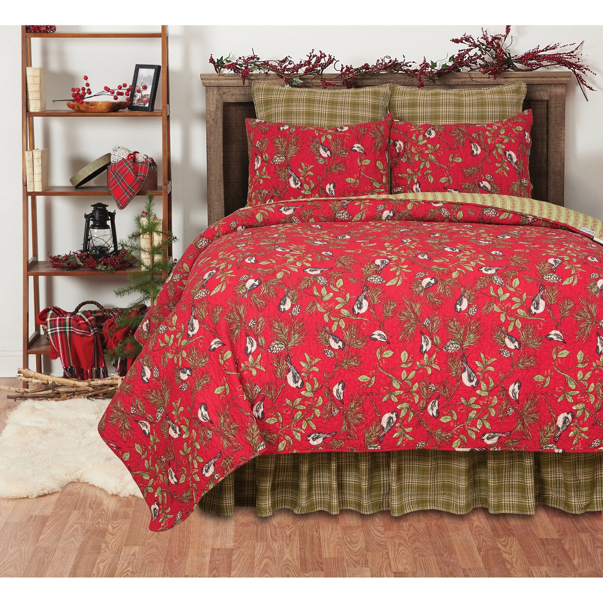 Christmas Chickadee Red Quilt Set