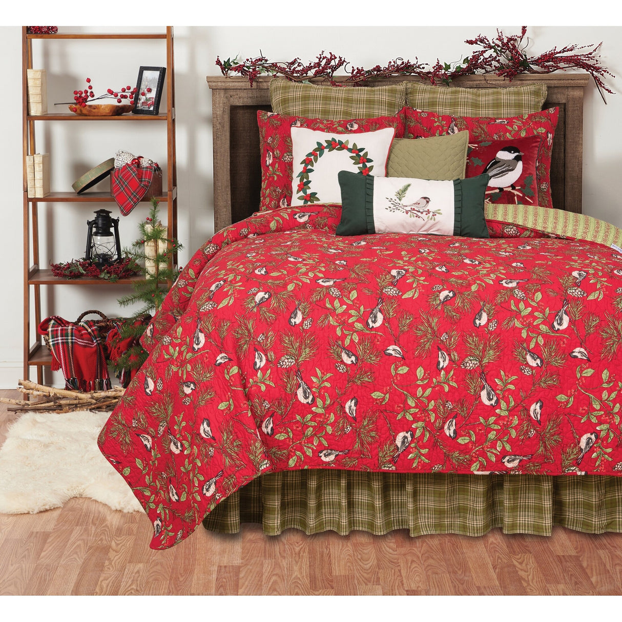 Christmas Chickadee Red Quilt Set