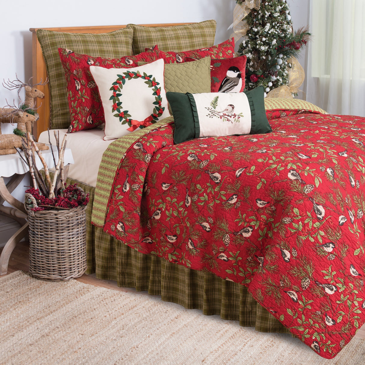 Christmas Chickadee Red Quilt Set