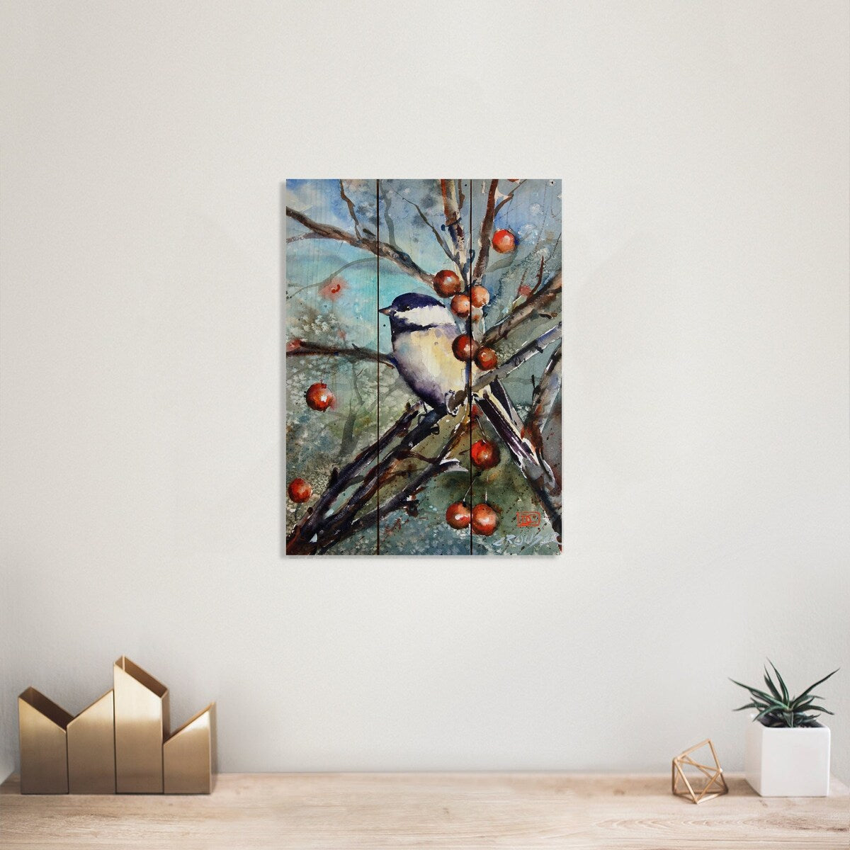 Chickadees & Berries Watercolor Wood Art Print