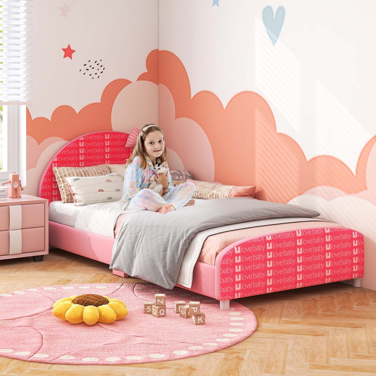 Children Twin Size Upholstered Platform Single Bed with Headboard