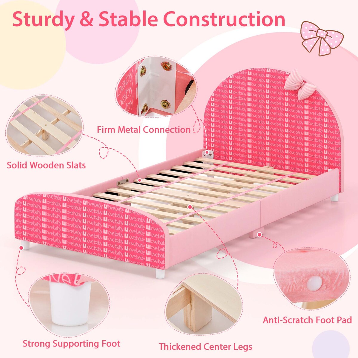 Children Twin Size Upholstered Platform Single Bed with Headboard