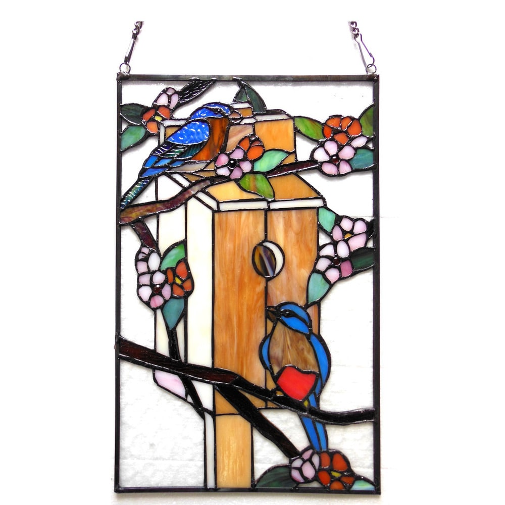 Chloe Tiffany Style Birdhouse With Birds Design Stained Glass Window Panel