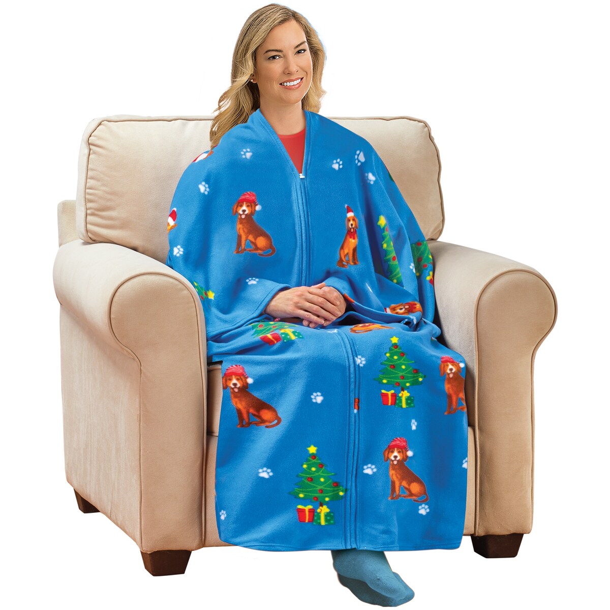 Christmas Dog Soft Fleece Zippered Cuddle Wrap Blanket