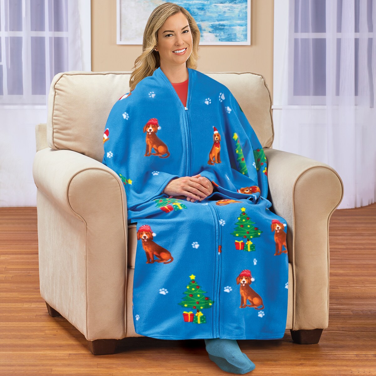 Christmas Dog Soft Fleece Zippered Cuddle Wrap Blanket