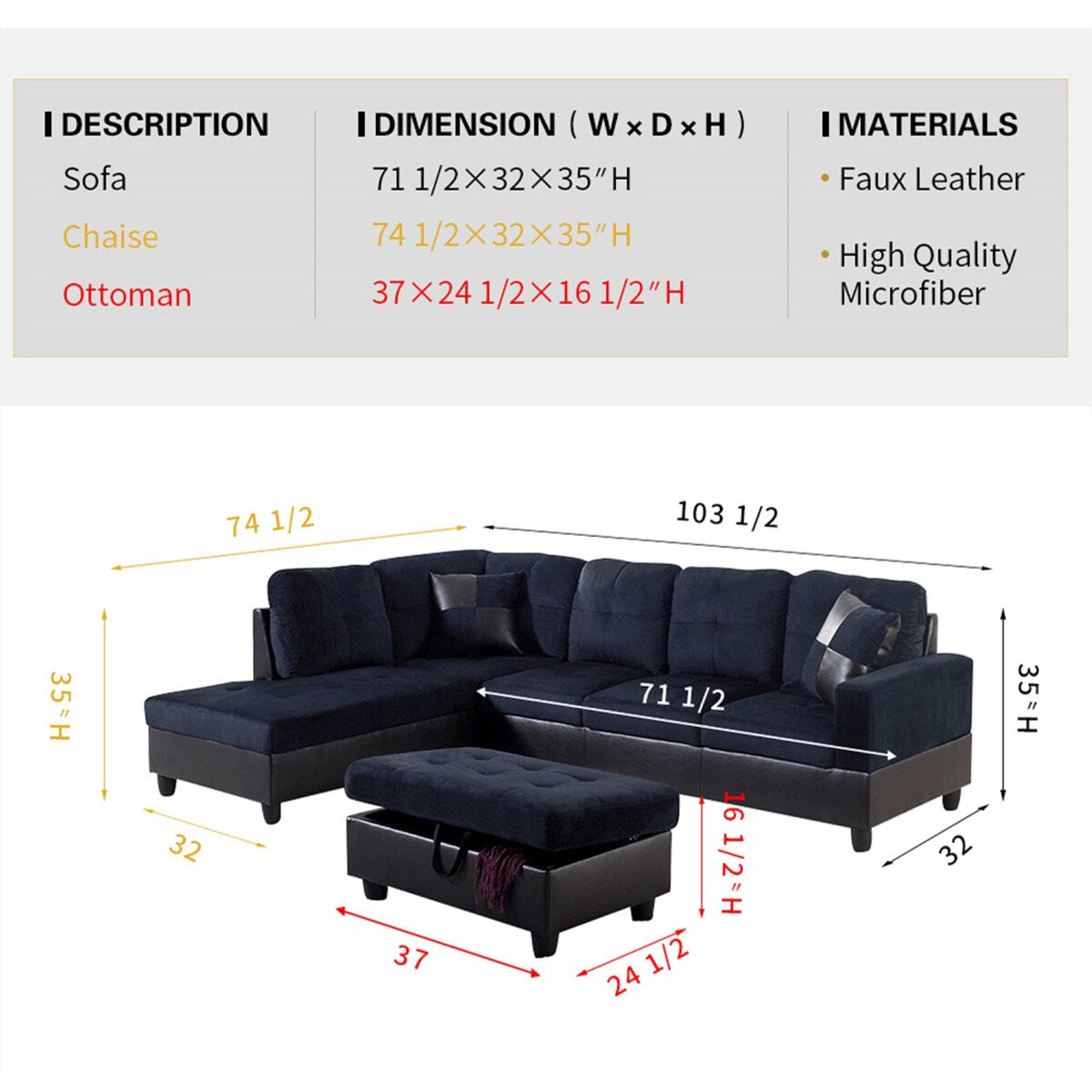 Christopher 104"Wide 3-Pieces Sectional Sofa Set,Midnight Blue(112)