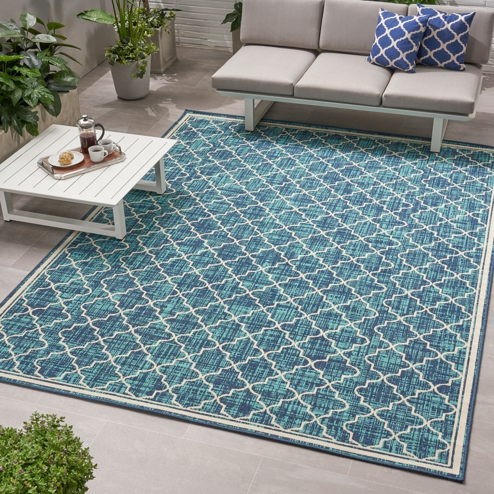 Coolidge Outdoor Trellis Area Rug, Blue and Ivory by Christopher Knight Home