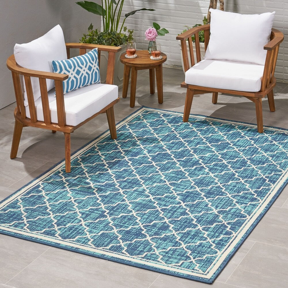Coolidge Outdoor Trellis Area Rug, Blue and Ivory by Christopher Knight Home