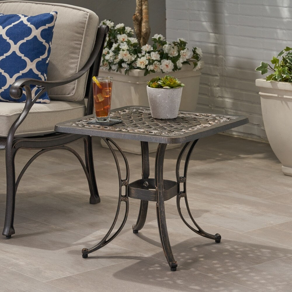Sunshine Outdoor Cast Aluminum Side Table with Woven Floral Border by Christopher Knight Home