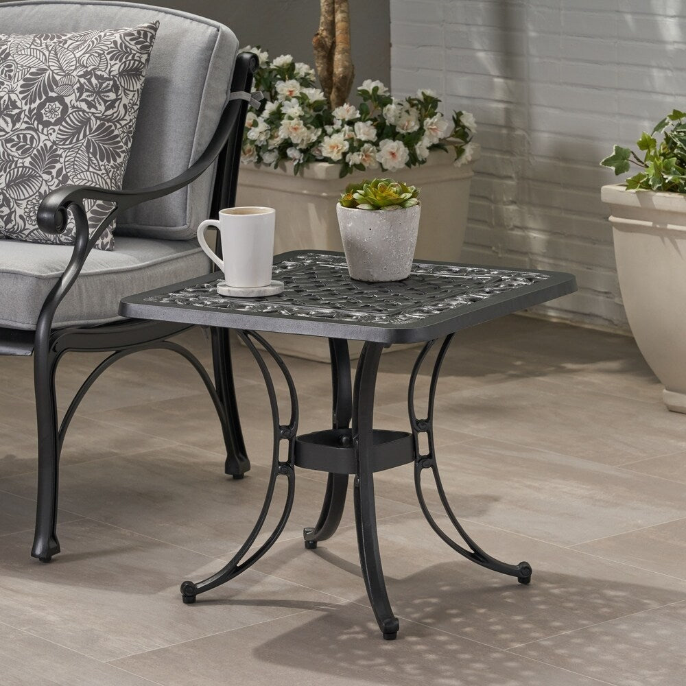 Sunshine Outdoor Cast Aluminum Side Table with Woven Floral Border by Christopher Knight Home
