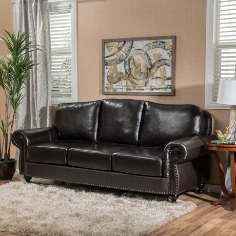 Taro 3-Seat Top Grain Leather Studded Sofa by Christopher Knight Home