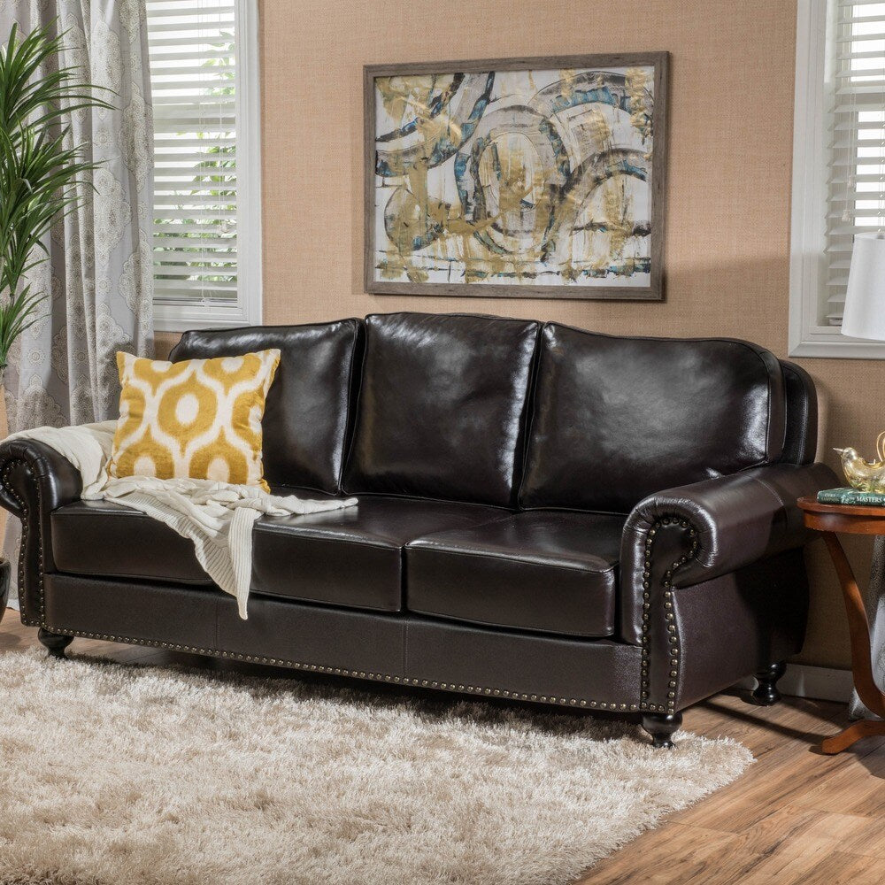 Taro 3-Seat Top Grain Leather Studded Sofa by Christopher Knight Home