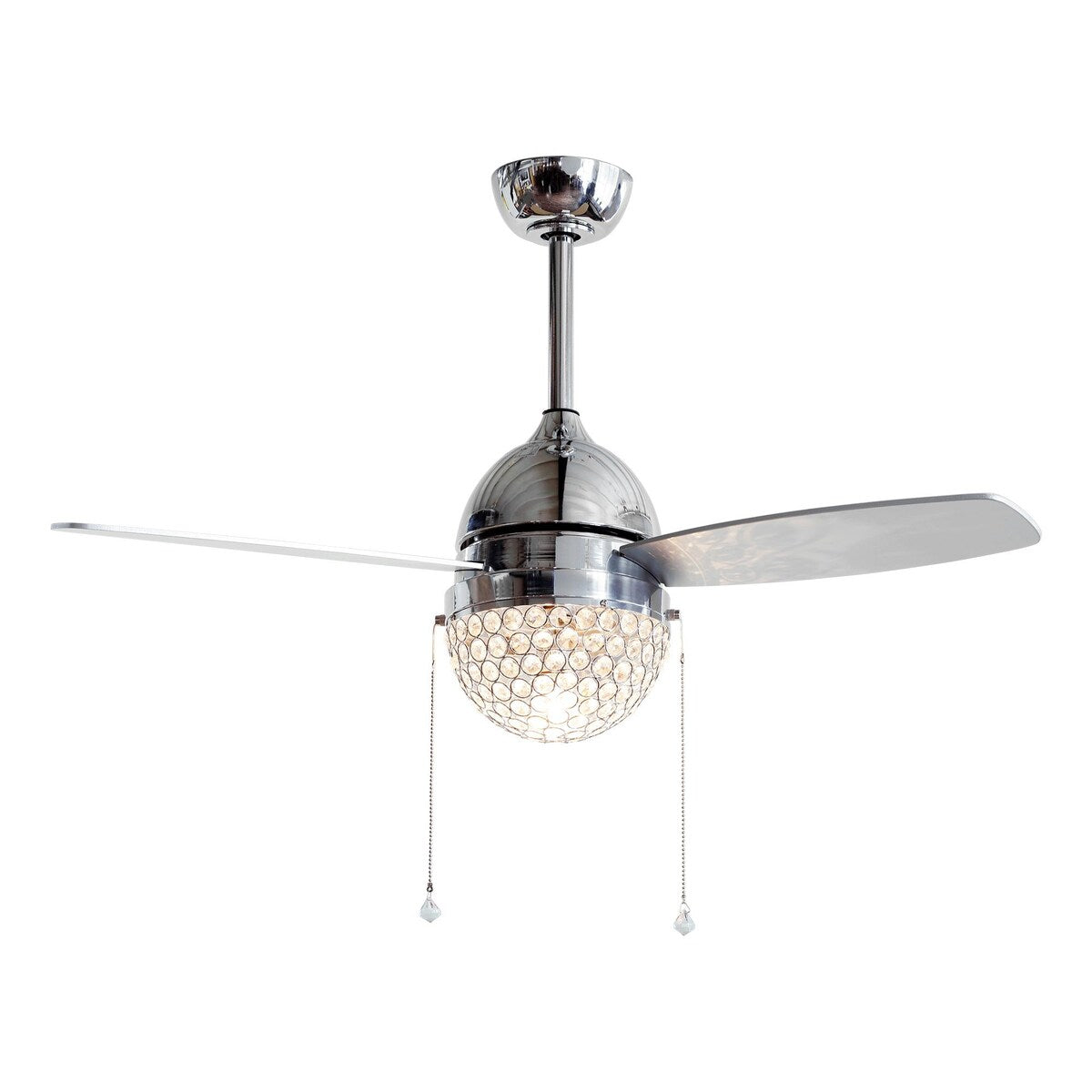 Modern 1-Light 3-Blades Chrome Crystal Ceiling Fan with Pull Chain - 42-in W x 18.5-in H