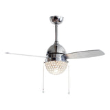 Modern 1-Light 3-Blades Chrome Crystal Ceiling Fan with Pull Chain - 42-in W x 18.5-in H