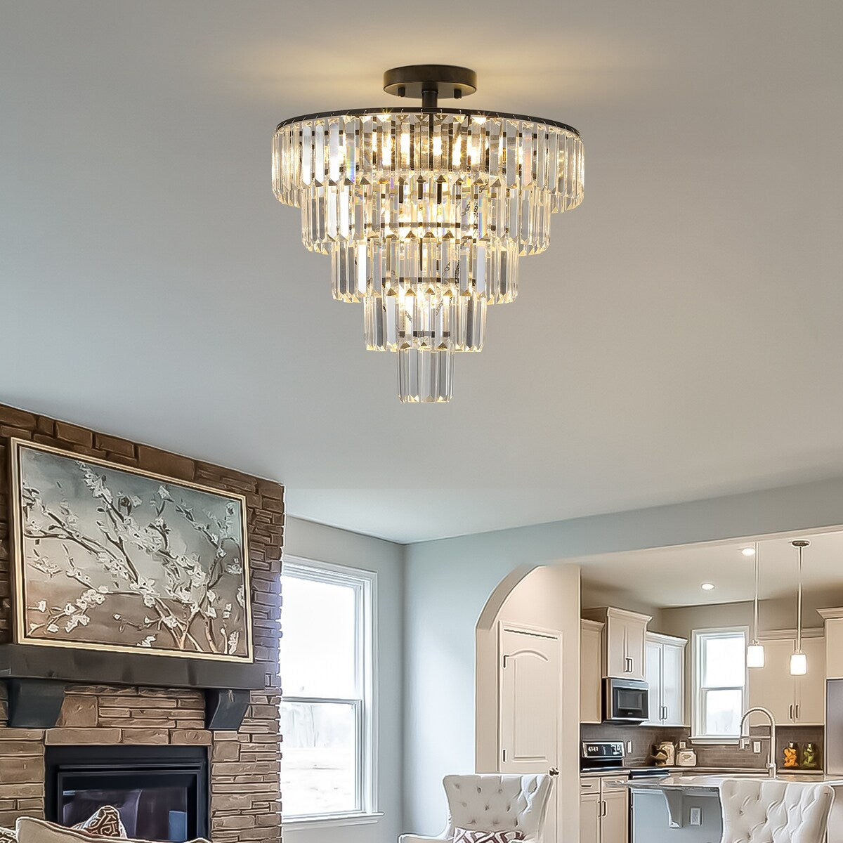 Chrome Crystal Chandeliers Modern Pendant Ceiling Light, 5-Tier Round Semi Flush Mount Chandelier Lighting for Living Room, Gold
