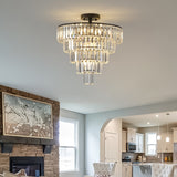 Chrome Crystal Chandeliers Modern Pendant Ceiling Light, 5-Tier Round Semi Flush Mount Chandelier Lighting for Living Room, Gold