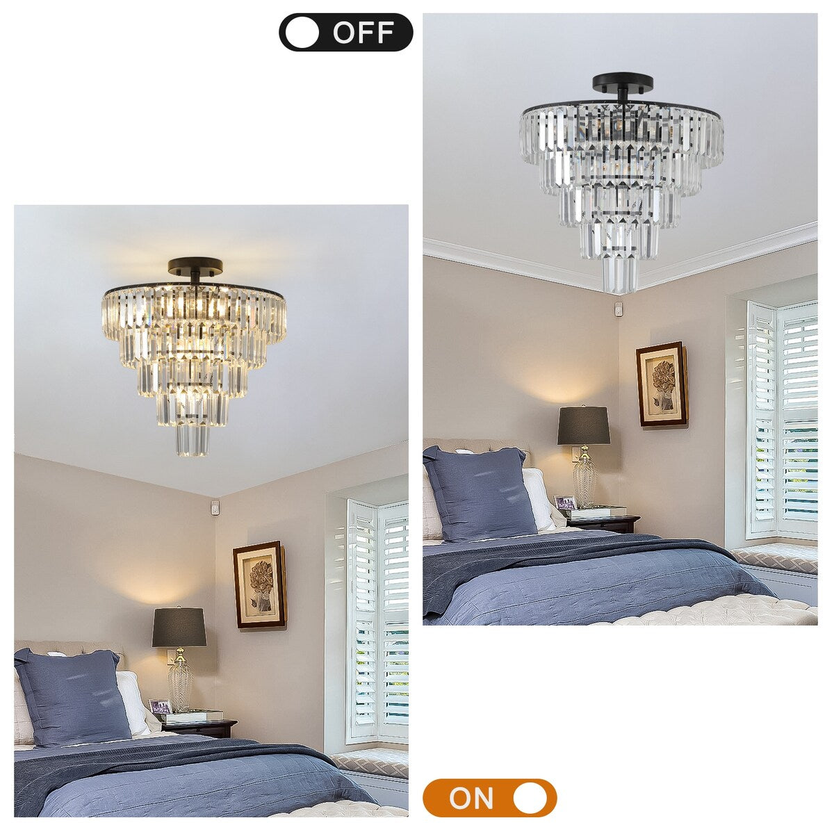 Chrome Crystal Chandeliers Modern Pendant Ceiling Light, 5-Tier Round Semi Flush Mount Chandelier Lighting for Living Room, Gold