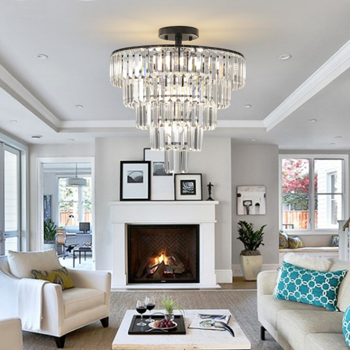 Chrome Crystal Chandeliers Modern Pendant Ceiling Light, 5-Tier Round Semi Flush Mount Chandelier Lighting for Living Room, Gold