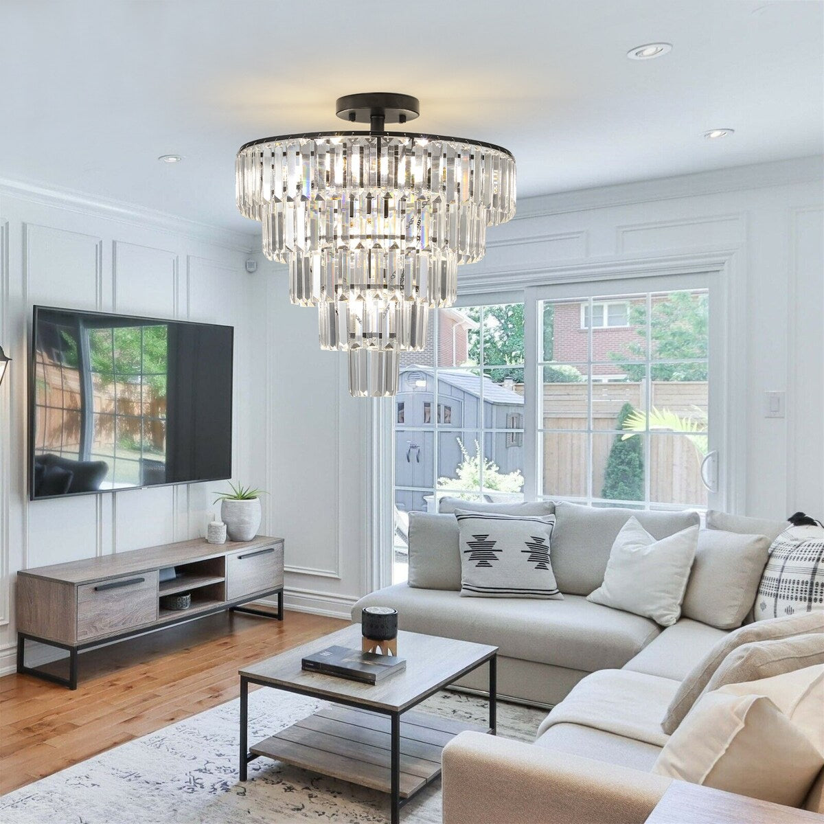 Chrome Crystal Chandeliers Modern Pendant Ceiling Light, 5-Tier Round Semi Flush Mount Chandelier Lighting for Living Room, Gold