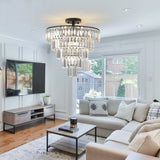 Chrome Crystal Chandeliers Modern Pendant Ceiling Light, 5-Tier Round Semi Flush Mount Chandelier Lighting for Living Room, Gold