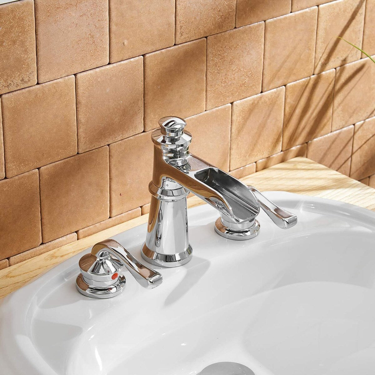 Chrome Waterfall Three Holes Two Handles Bathroom Faucet