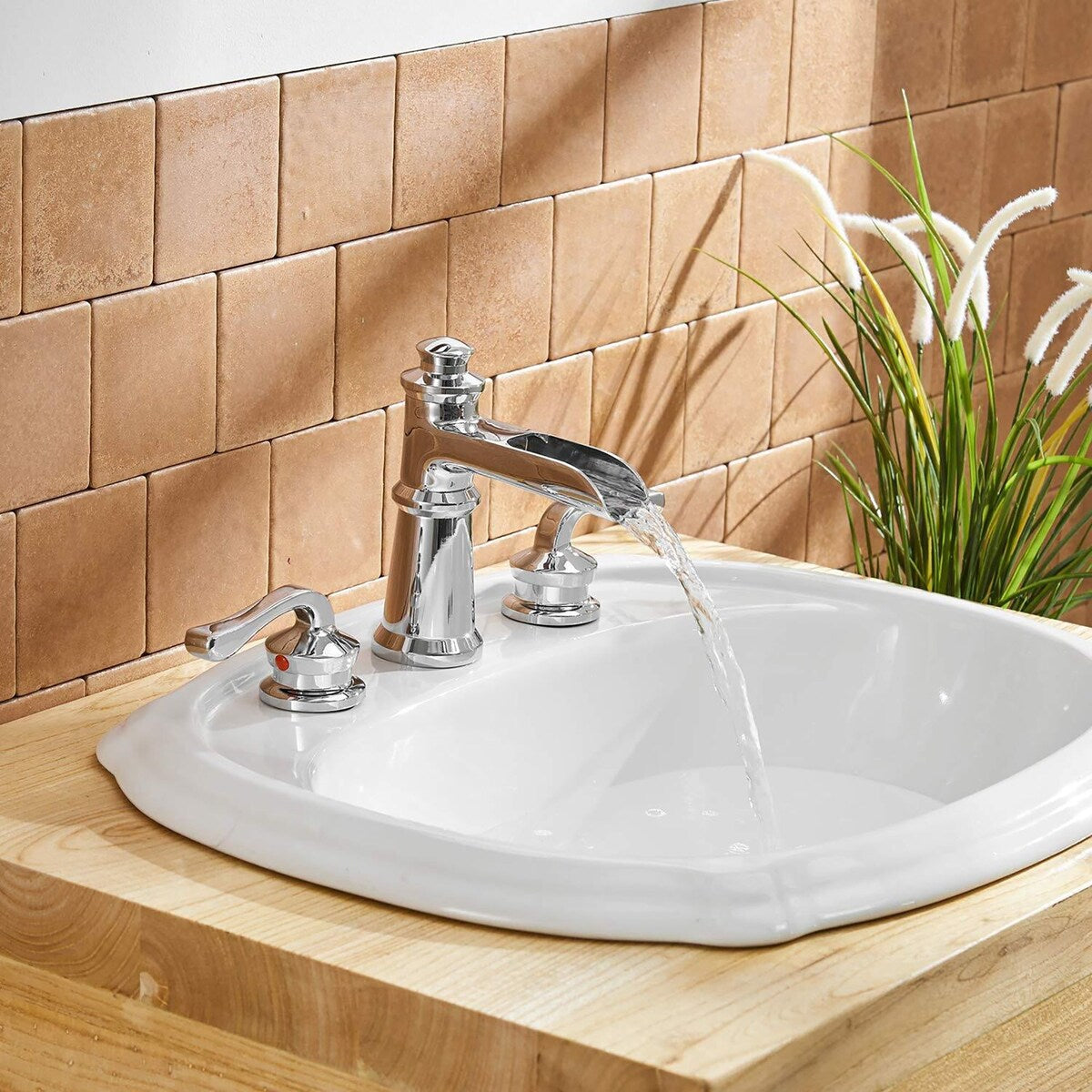 Chrome Waterfall Three Holes Two Handles Bathroom Faucet