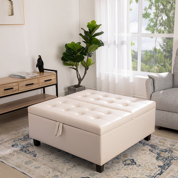 35-Inch Air Leather Tufted Upholstered Lift-Top Ottoman Bench, Large S