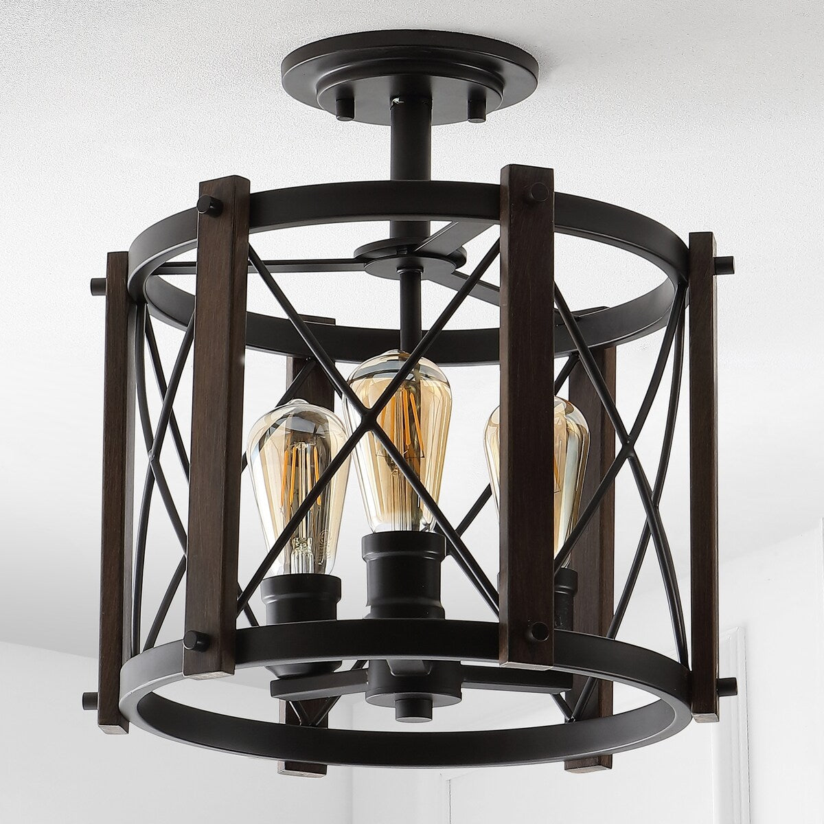 Ciel 14" 3-Light Iron Rustic Farmhouse LED Flush Mount, Brown/Oil Rubbed Bronze by JONATHAN Y
