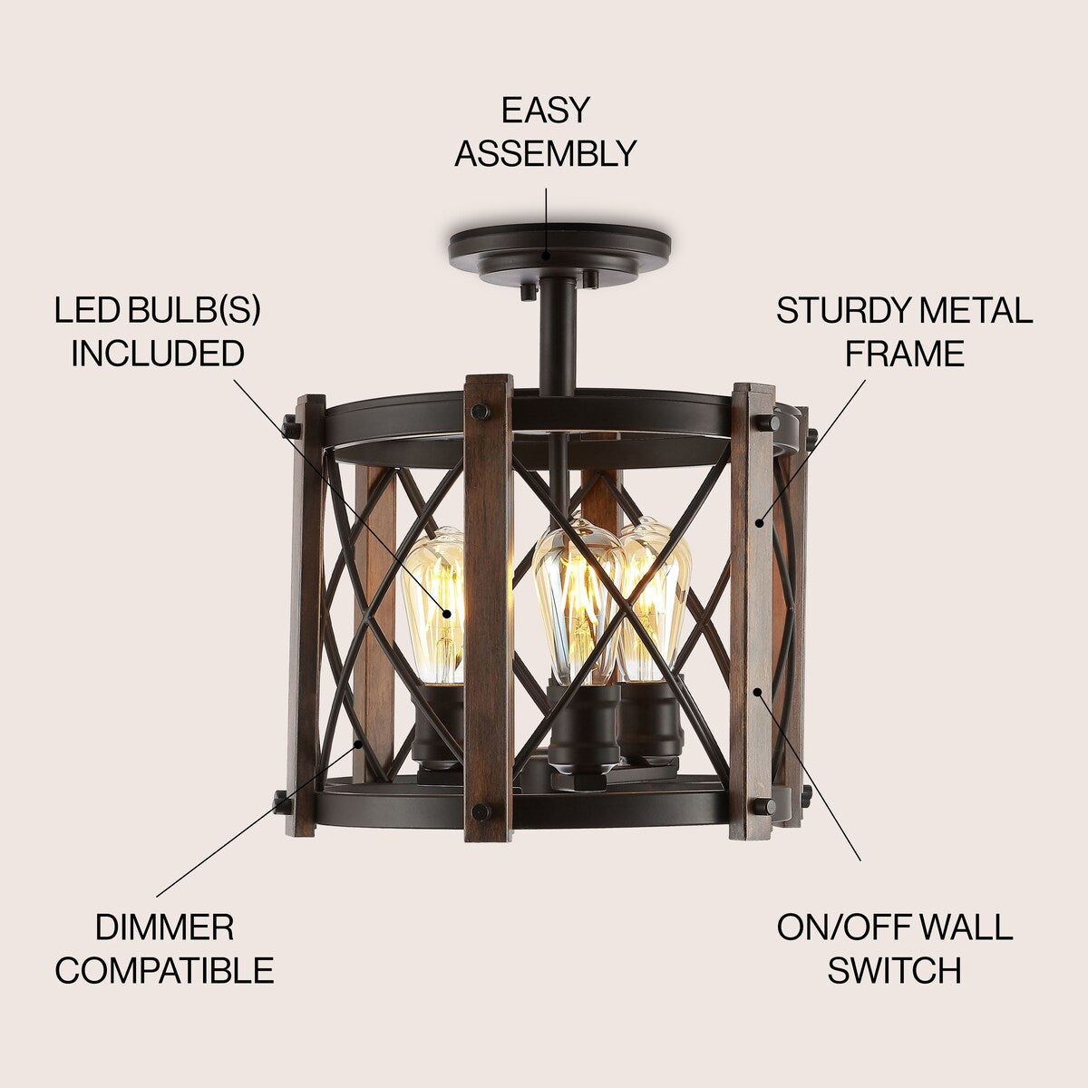 Ciel 14" 3-Light Iron Rustic Farmhouse LED Flush Mount, Brown/Oil Rubbed Bronze by JONATHAN Y