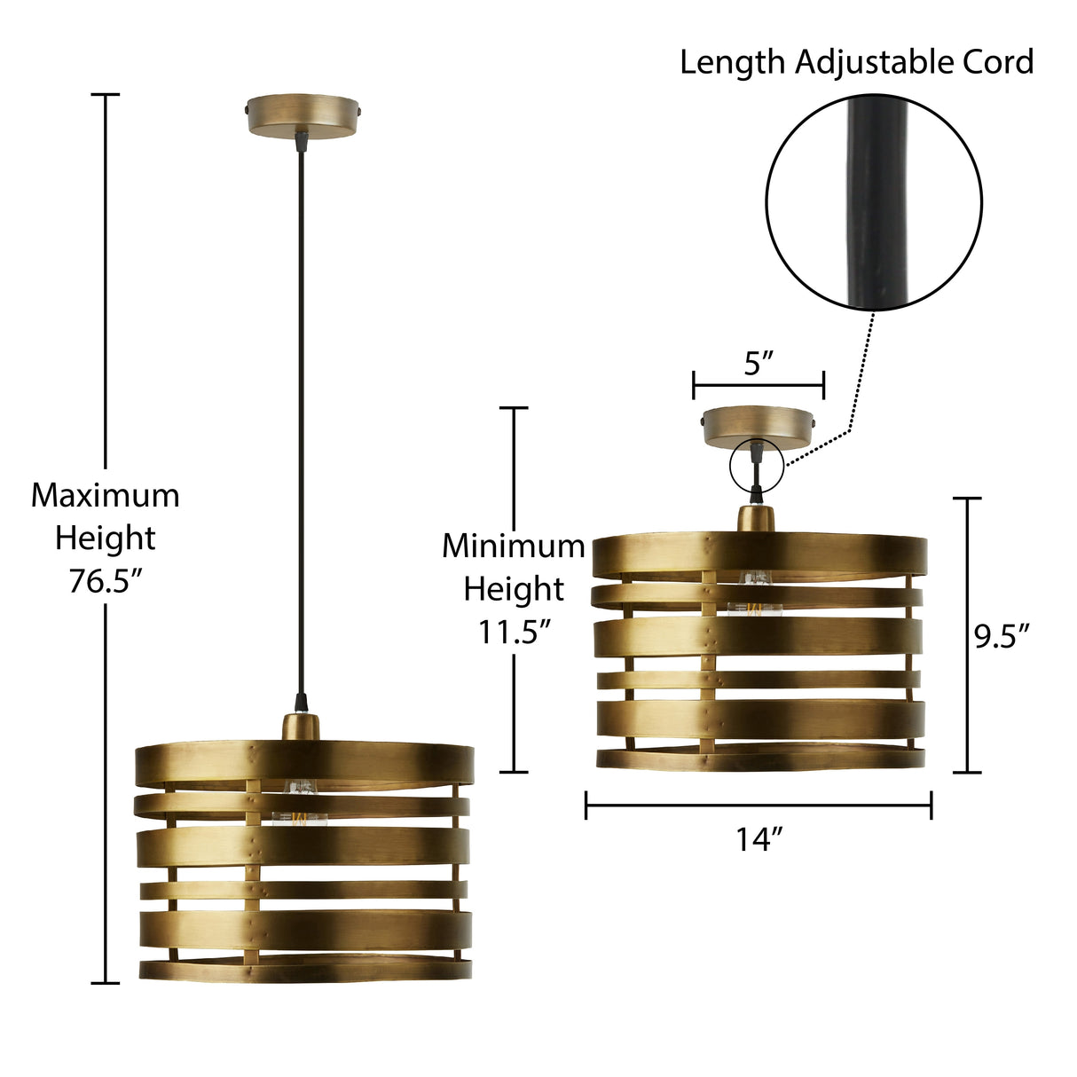 Ciel River of Goods Gold Metal 14-Inch Pendant Light with Adjustable Hanging Cord - 14" x 14" x 11.5/76.5"