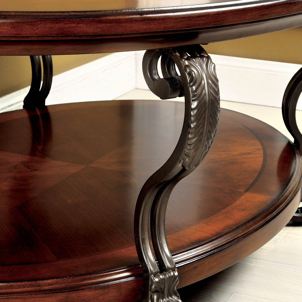 Cienna Traditional Brown Cherry 48-inch Glass Top 1-Shelf Coffee Table with Scrolled Metalwork