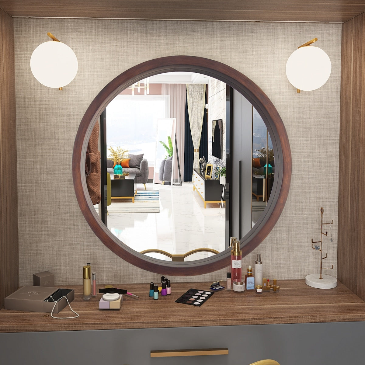 Circle Mirror with Wood Frame - Brown