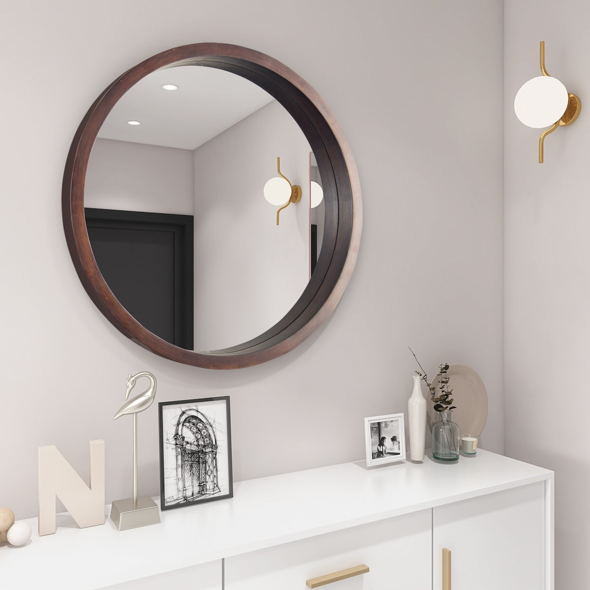 Circle Mirror with Wood Frame - Brown