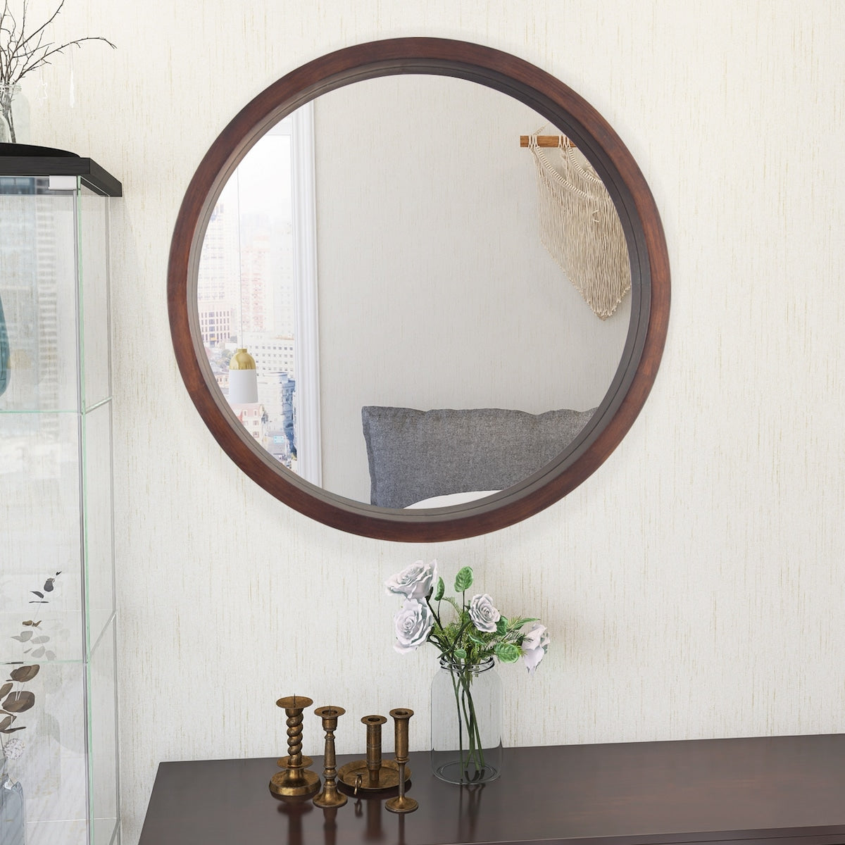 Circle Mirror with Wood Frame - Brown