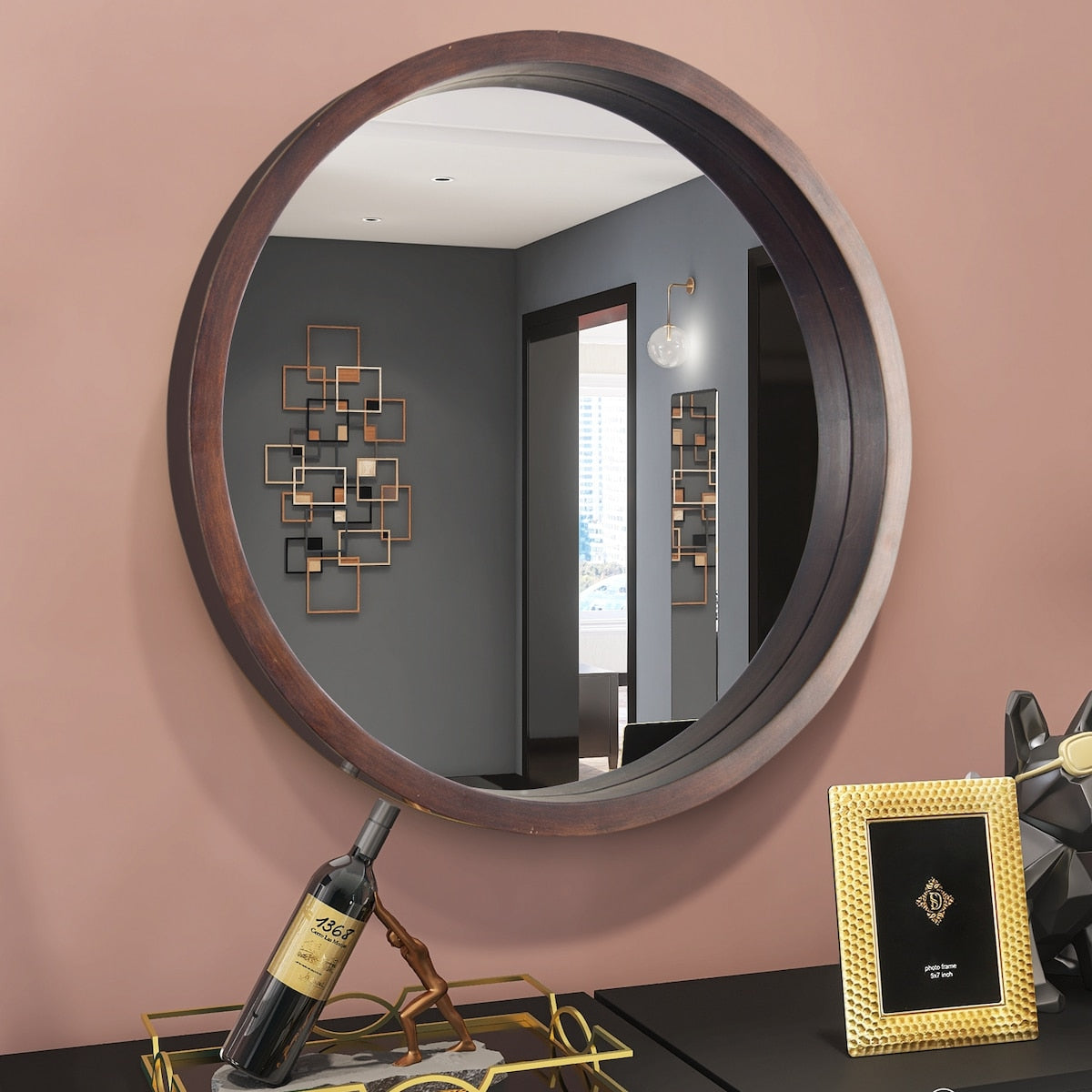 Circle Mirror with Wood Frame - Brown