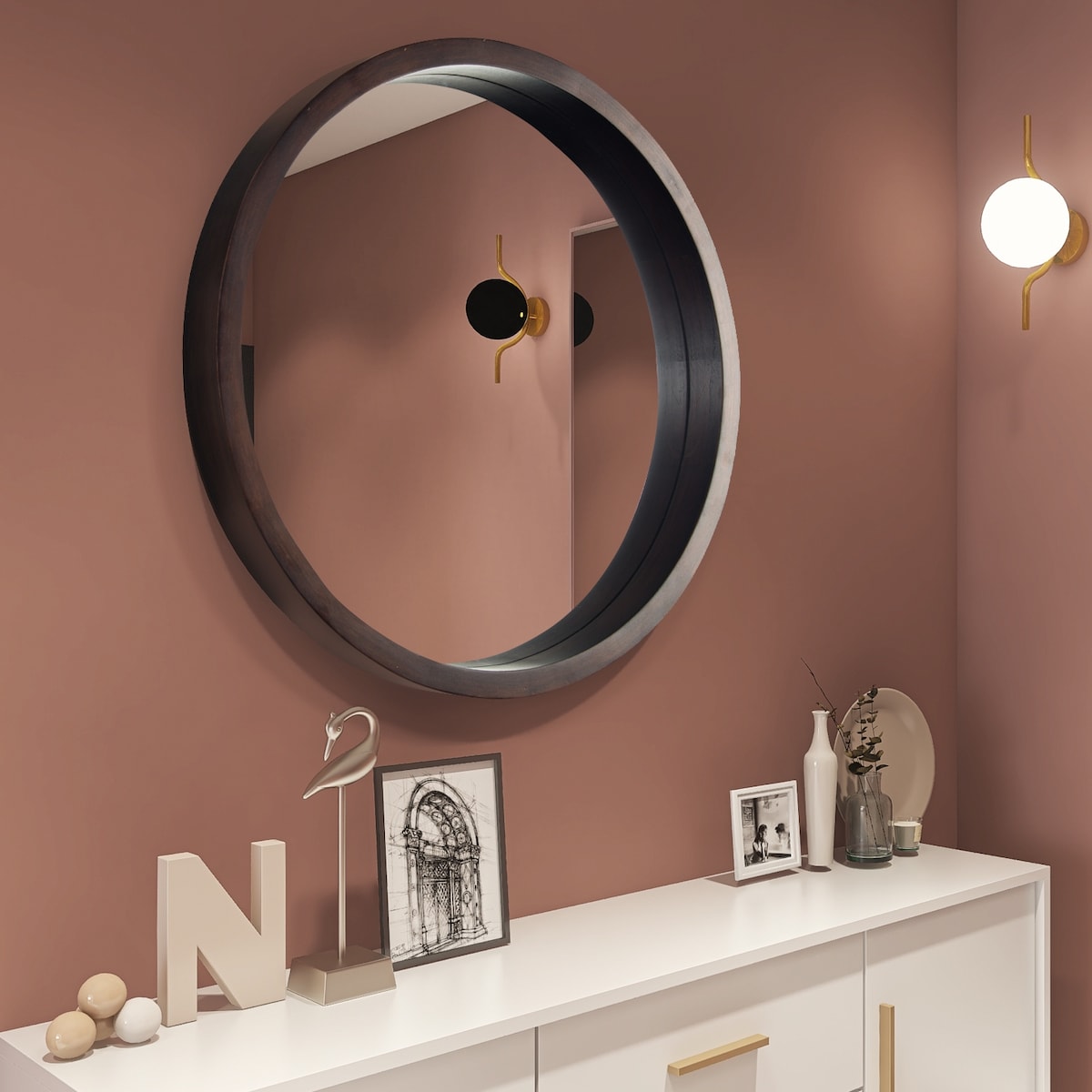 Circle Mirror with Wood Frame - Brown
