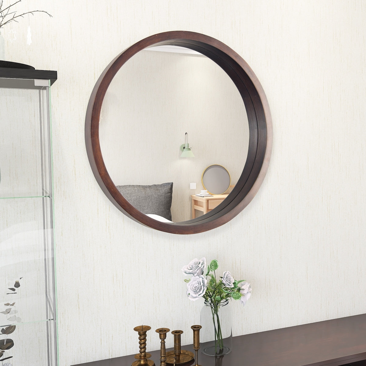 Circle Mirror with Wood Frame - Brown