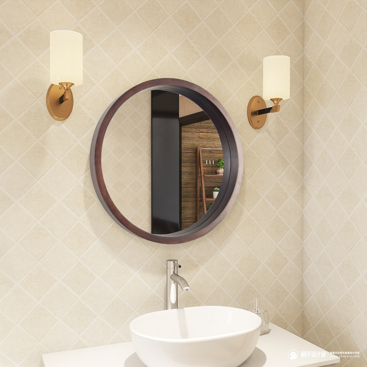 Circle Mirror with Wood Frame - Brown