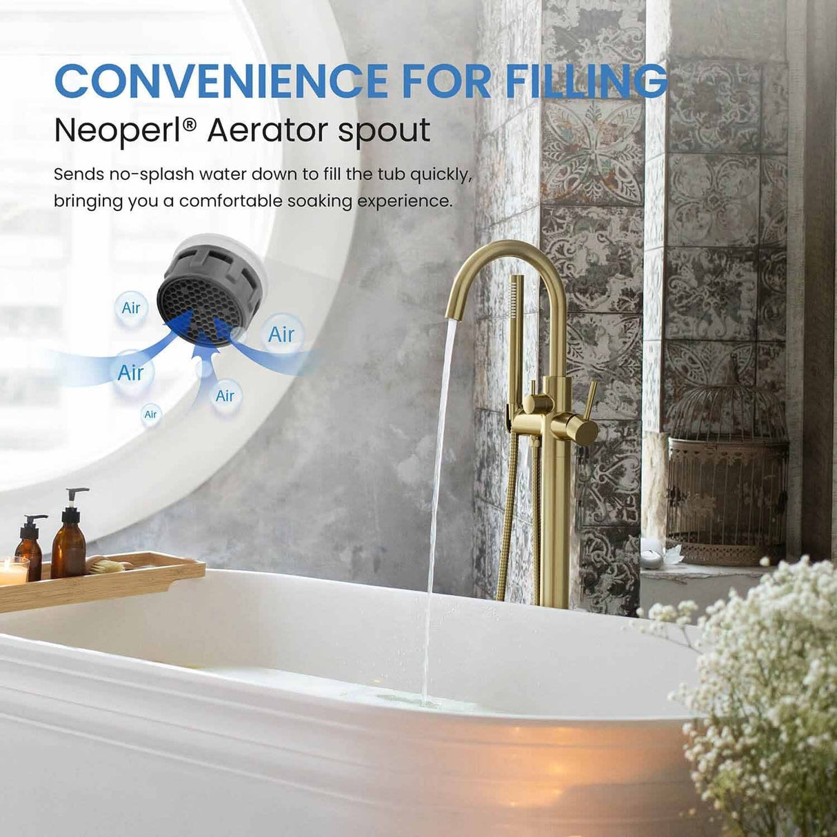 Circular Single Handle Floor Mounted Freestanding Tub Filler With Hand Shower