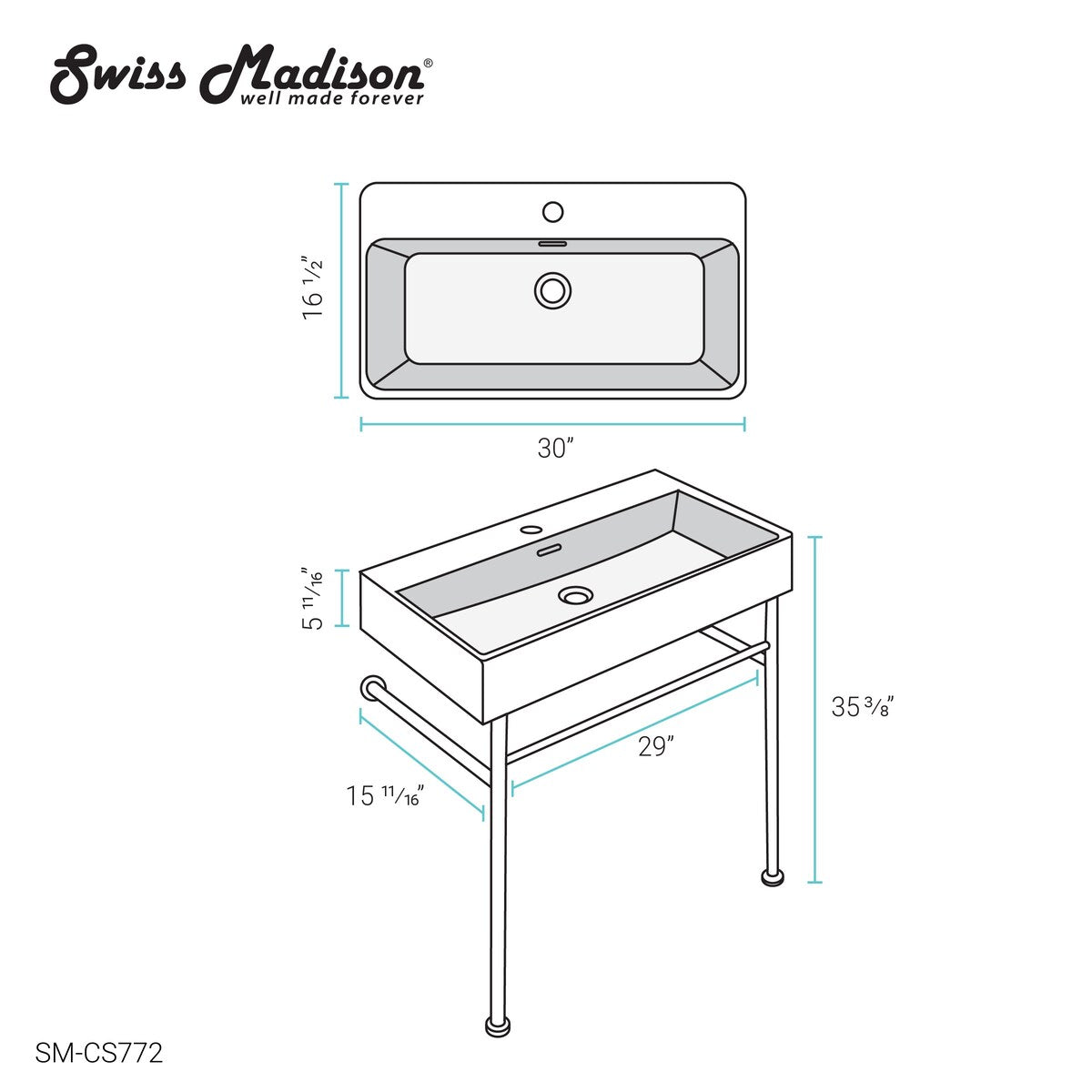 Claire 30" Console Sink White Basin Black Legs