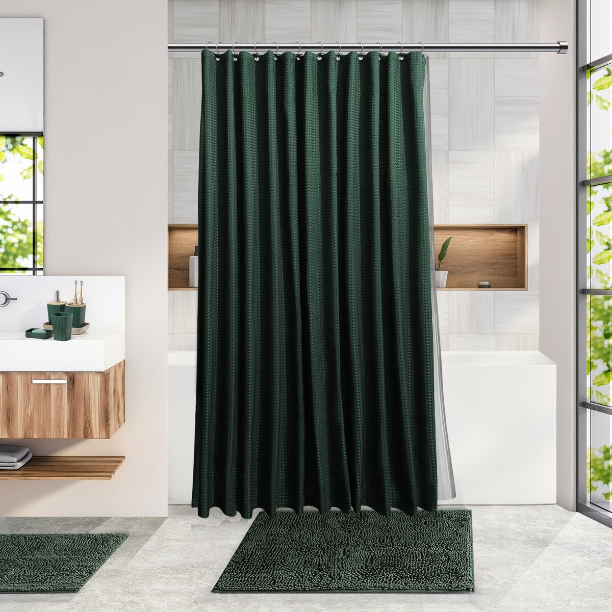Clara Clark Bamboo Bathroom Accessories Set with Shower Curtain Set, Toilet Brush, Trash Can & Soap Dispenser