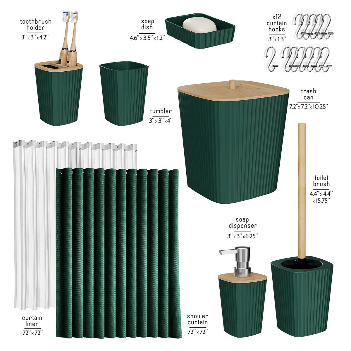 Clara Clark Bamboo Bathroom Accessories Set with Shower Curtain Set, Toilet Brush, Trash Can & Soap Dispenser