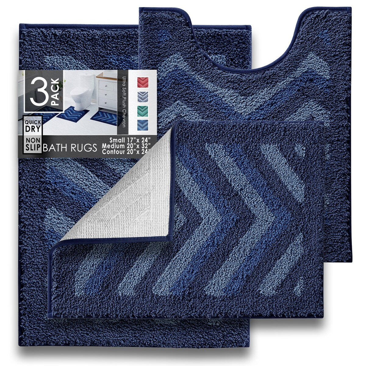 Clara Clark Non Slip Shaggy Bath Rug Set - Chevron Design Ultra Soft Bathroom Mat