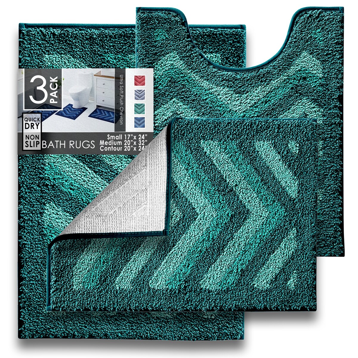 Clara Clark Non Slip Shaggy Bath Rug Set - Chevron Design Ultra Soft Bathroom Mat