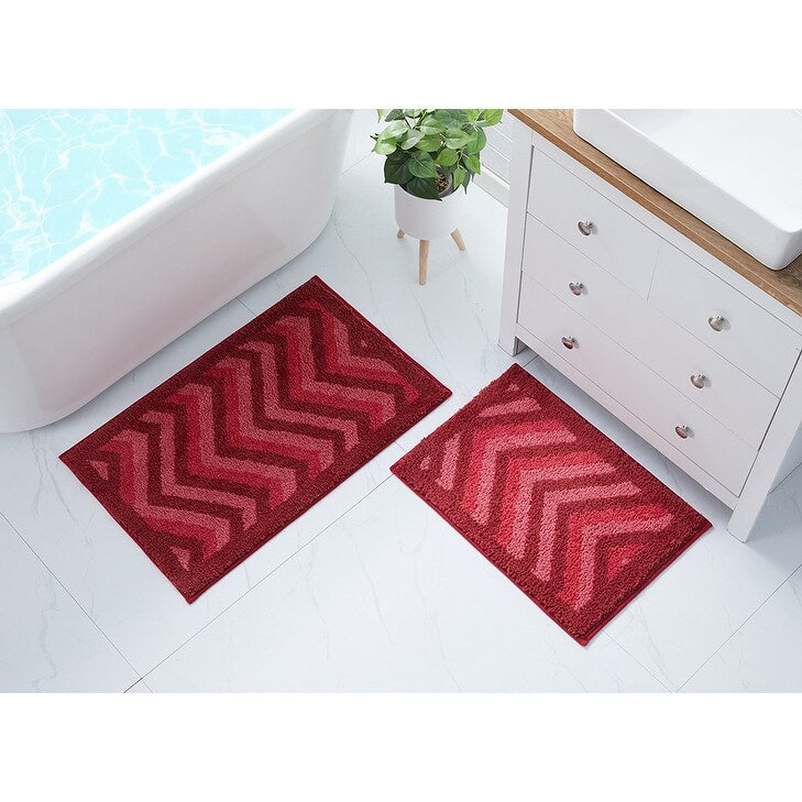 Clara Clark Non Slip Shaggy Bath Rug Set - Chevron Design Ultra Soft Bathroom Mat