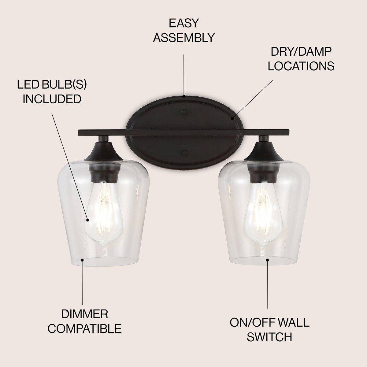 Clara Iron/Seeded Glass Cottage Rustic LED Vanity Light, by JONATHAN Y